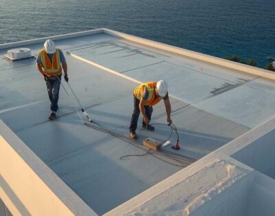 obreros realizando impermeabilizan el techo de una villa moderna de lujo en Ibiza - la casa ibicenca