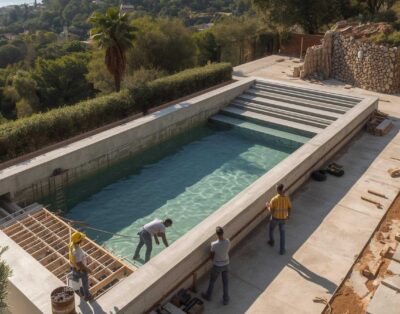obreros realizando la estructura de una piscina moderna en una villa de lujo en Ibiza - la casa ibicenca
